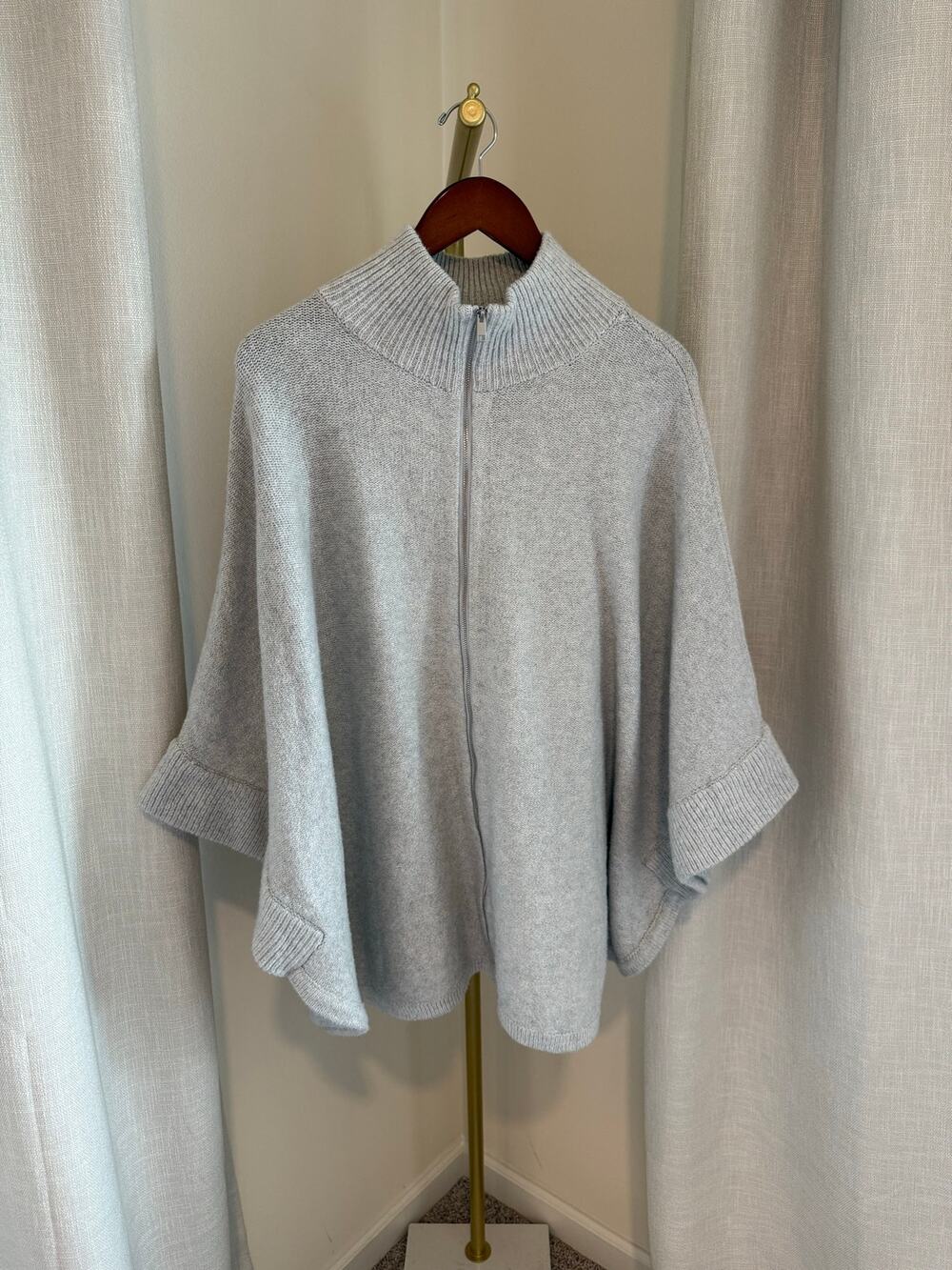 J.Jill Poncho Sweater Womens XL Gray Tight Knit Stretch Mock Neck Full Zipper